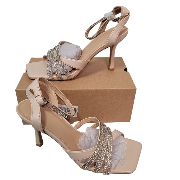 Women's Nude Strappy Rhinestone Stiletto Heels With Ankle Strap Size 8 - Picture 1 of 13